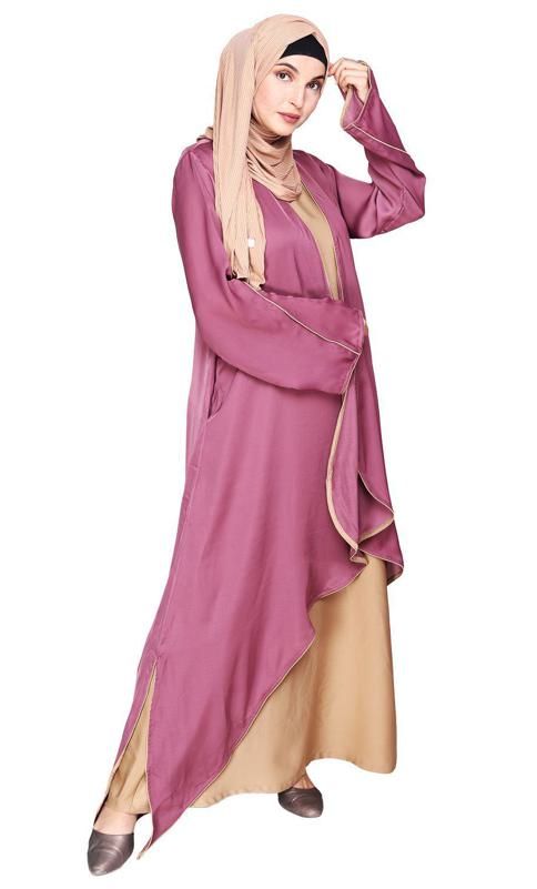 Stylish Onion Pink Shrug and Plain Beige Abaya Set