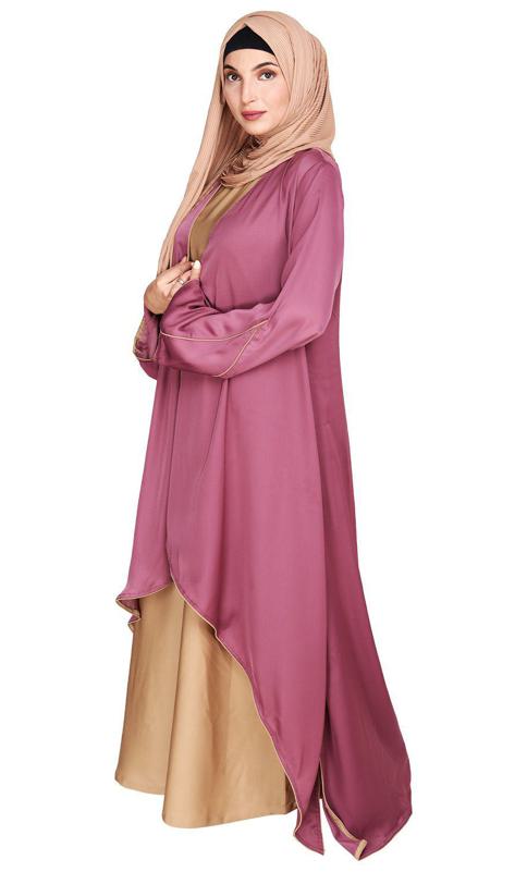 Stylish Onion Pink Shrug and Plain Beige Abaya Set