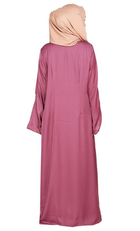 Stylish Onion Pink Shrug and Plain Beige Abaya Set