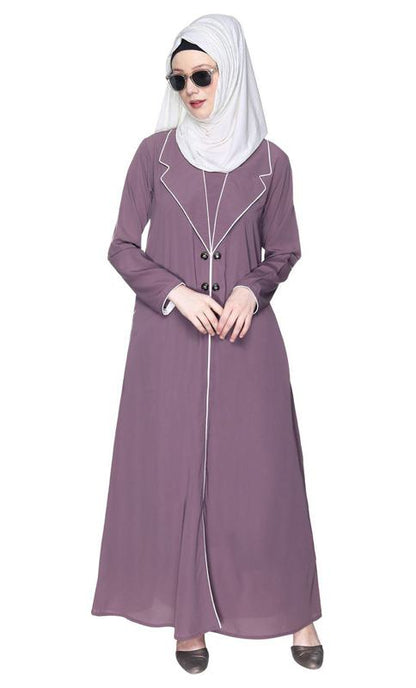 Stylish Purple Coat Style Abaya With White Piping (Made-To-Order)