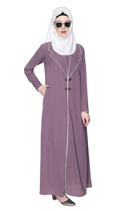 Stylish Purple Coat Style Abaya With White Piping (Made-To-Order)
