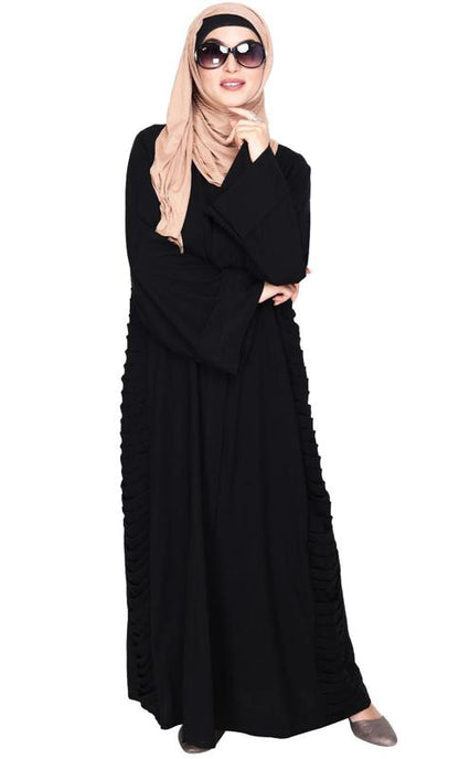 Tinselled Black Abaya with Frilled Side Panels