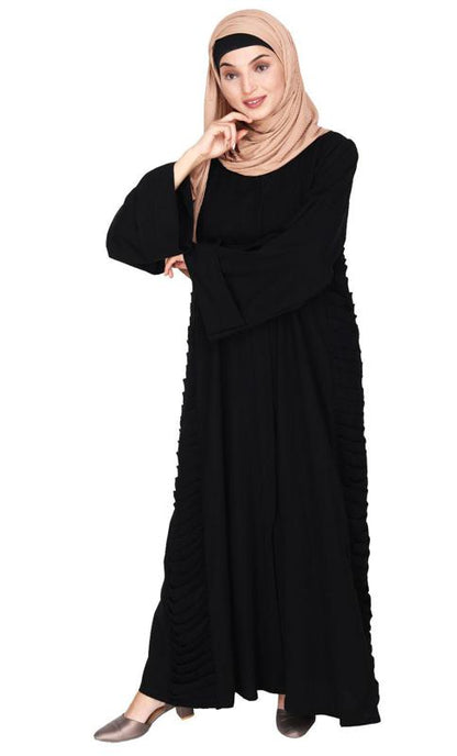 Tinselled Black Abaya with Frilled Side Panels