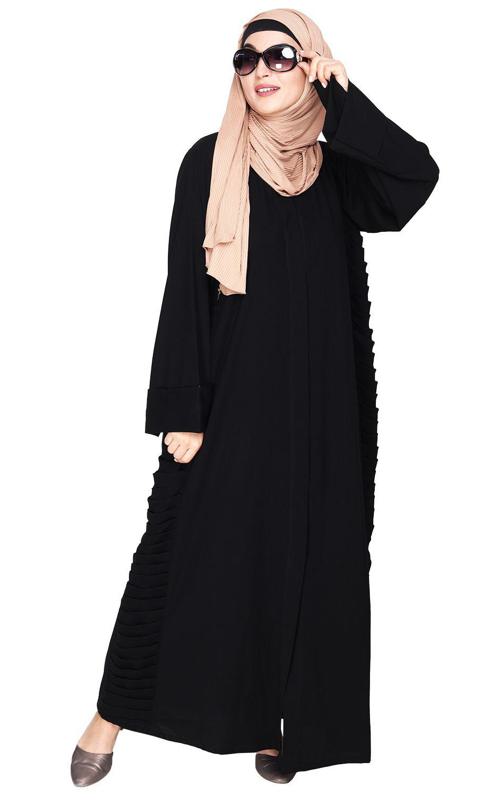 Tinselled Black Abaya with Frilled Side Panels