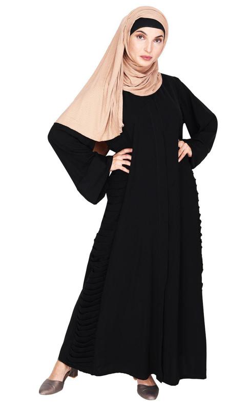 Tinselled Black Abaya with Frilled Side Panels (Made-To-Order)