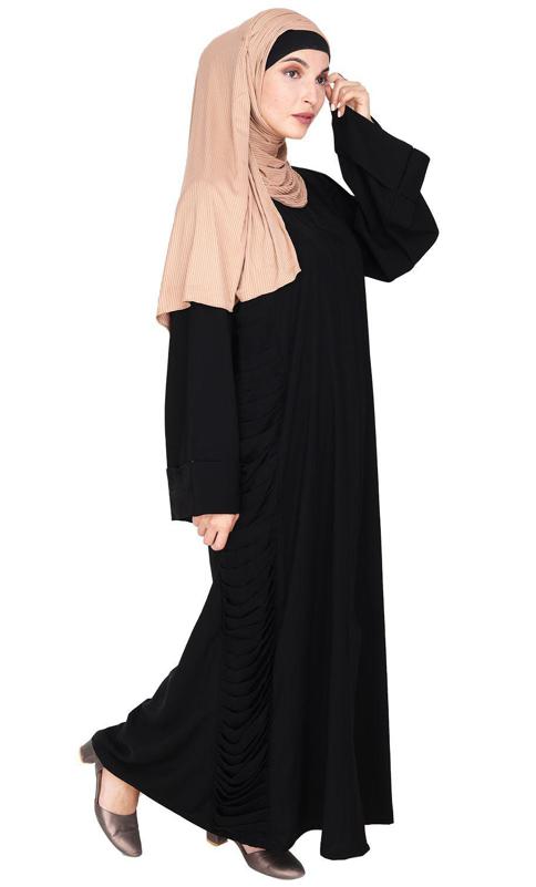 Tinselled Black Abaya with Frilled Side Panels