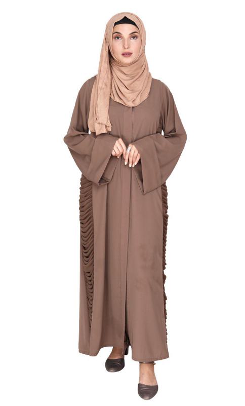 Tinselled Oak Brown Abaya with Frilled Side Panels (Made-To-Order)