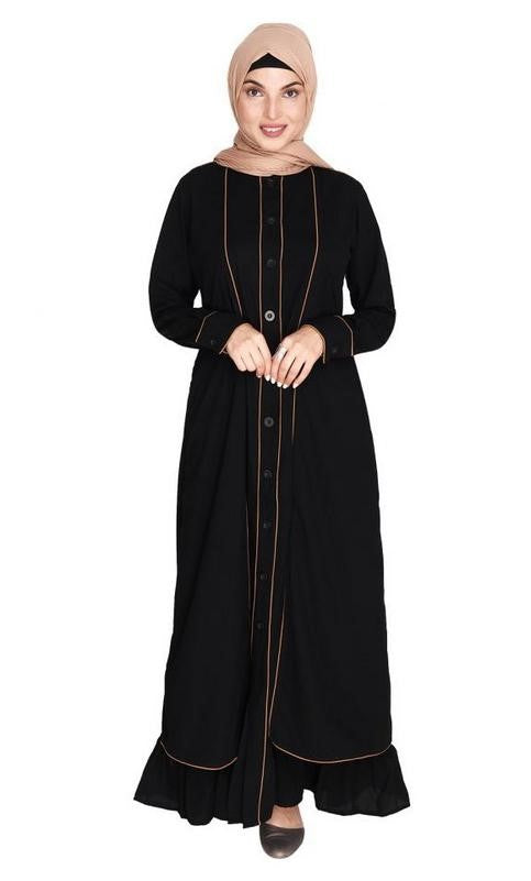 Two Panel Black Abaya with Beige Piping Design (Made-To-Order)
