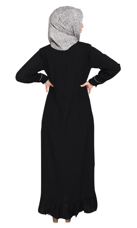 Two Panel Black Abaya with Sage Green Piping Design (Made-To-Order)