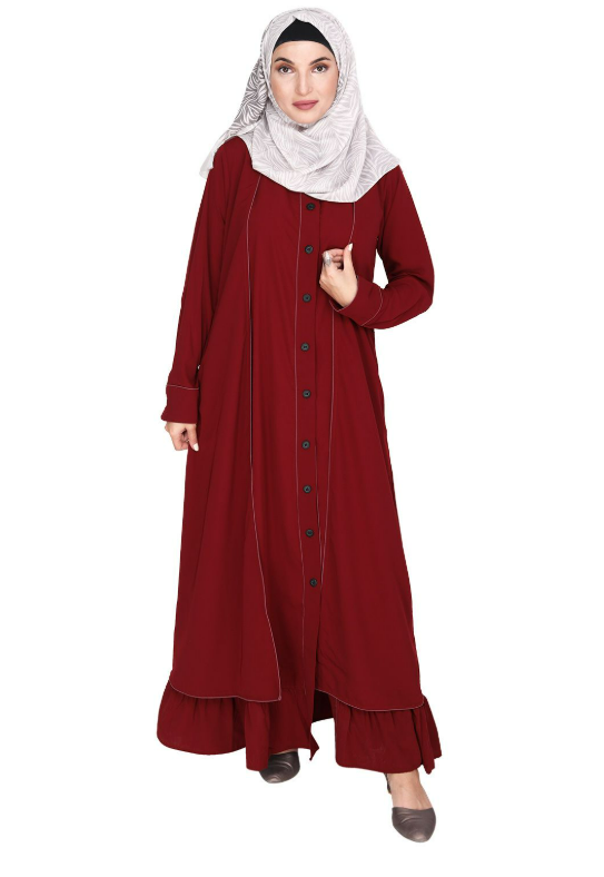 Two Panel Maroon Abaya with Onion Pink Piping Design (Made-To-Order)