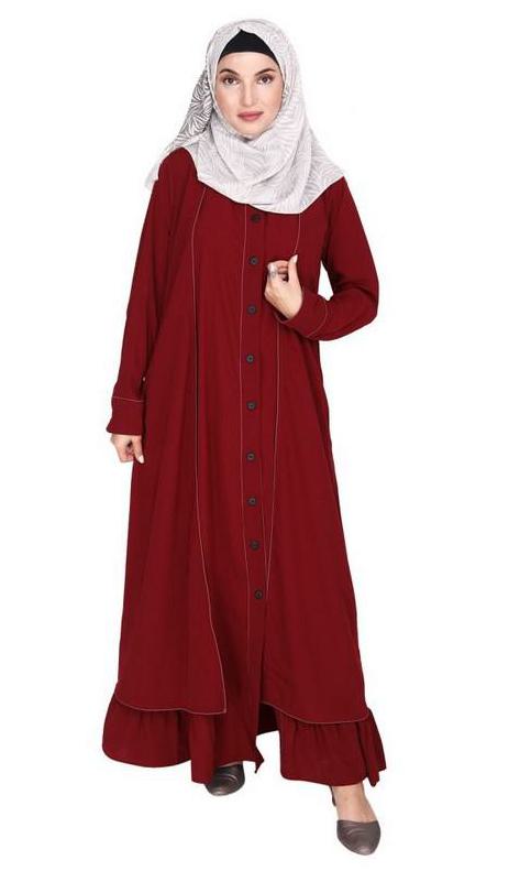 Two Panel Maroon Abaya with Onion Pink Piping Design (Made-To-Order)