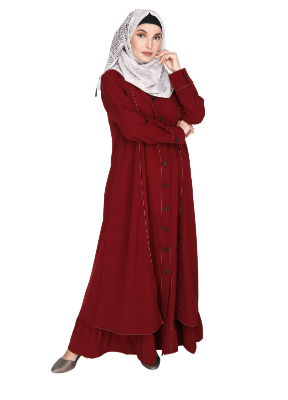 Two Panel Maroon Abaya with Onion Pink Piping Design (Made-To-Order)