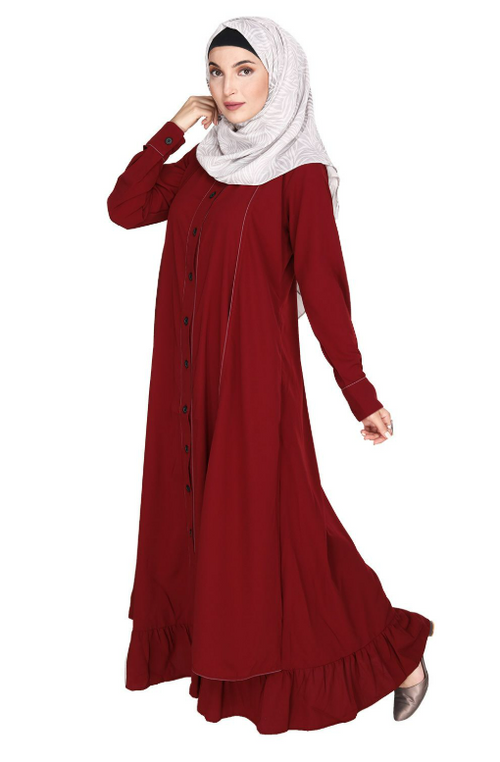 Two Panel Maroon Abaya with Onion Pink Piping Design (Made-To-Order)