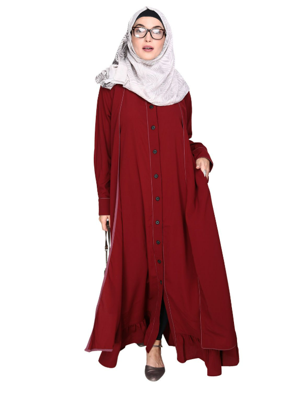 Two Panel Maroon Abaya with Onion Pink Piping Design (Made-To-Order)