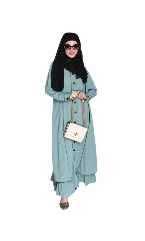 Two Panel Sage Green Abaya with Black Piping Design