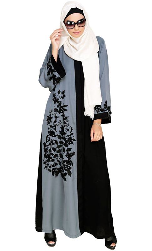 Wanderlust Grey Black Embroidery Dubai Style Abaya