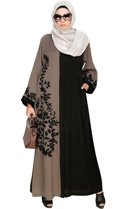 Wanderlust Mud Brown Black Embroidery Dubai Style Abaya