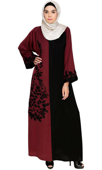 Wanderlust Wine Black Embroidery Dubai Style Abaya (Made-To-Order)