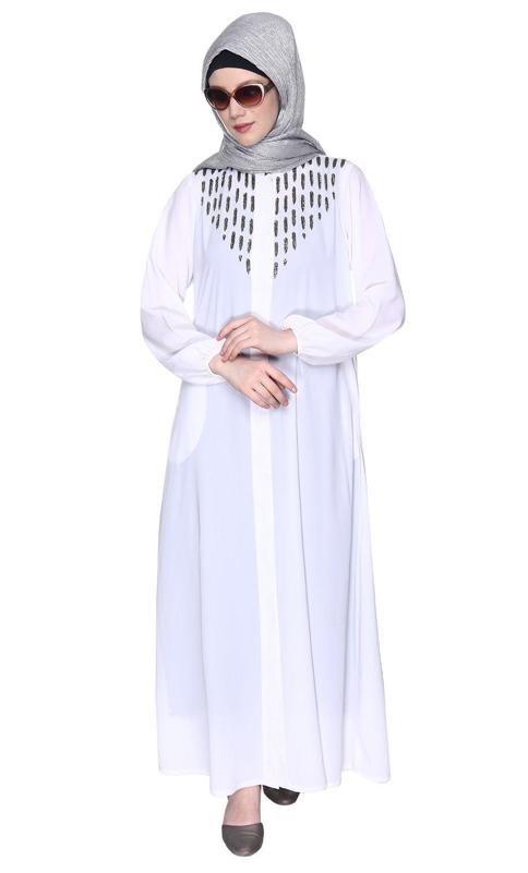 White Abaya With Flashy Metallic Beads Embroidery (Made-To-Order)