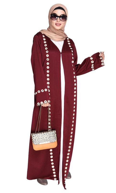 Wine Jacket Style Abaya with Exquisite Mirror Work (Made-To-Order)