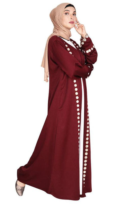 Wine Jacket Style Abaya with Exquisite Mirror Work (Made-To-Order)