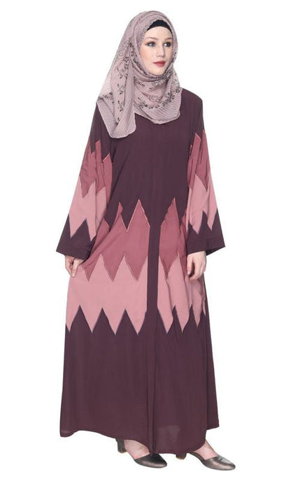 Zig Zag Style Imperial Purple Abaya With Shaded Embroidered Panels (Made-To-Order)