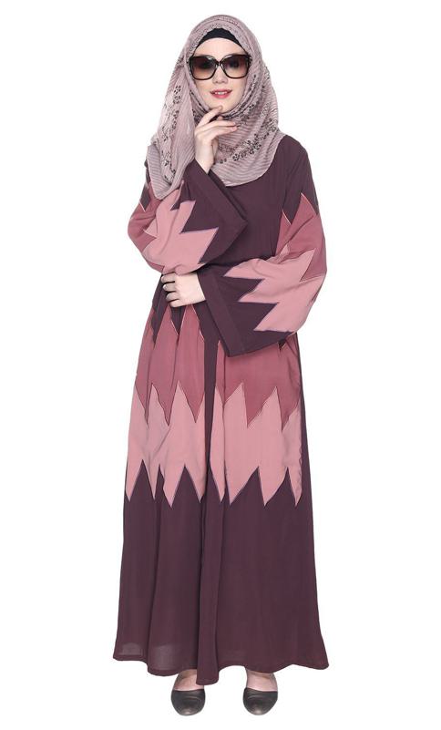 Zig Zag Style Imperial Purple Abaya With Shaded Embroidered Panels (Made-To-Order)