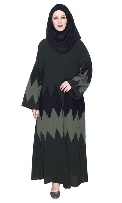 Zig Zag Style Olive Green Abaya With Shaded Embroidered Panels (Made-To-Order)