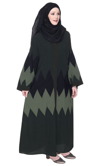 Zig Zag Style Olive Green Abaya With Shaded Embroidered Panels (Made-To-Order)