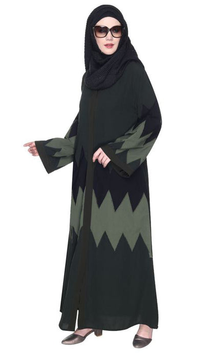Zig Zag Style Olive Green Abaya With Shaded Embroidered Panels (Made-To-Order)