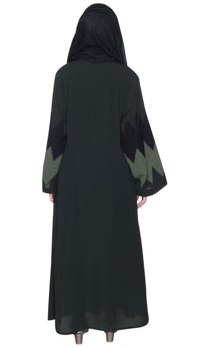 Zig Zag Style Olive Green Abaya With Shaded Embroidered Panels (Made-To-Order)