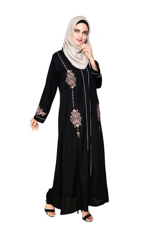 Appealing Black Floral Embroidery Dubai Style Abaya