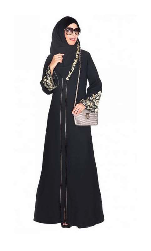 Black Abaya With Gold Zari Embroidered Bell Sleeve (Made-To-Order)