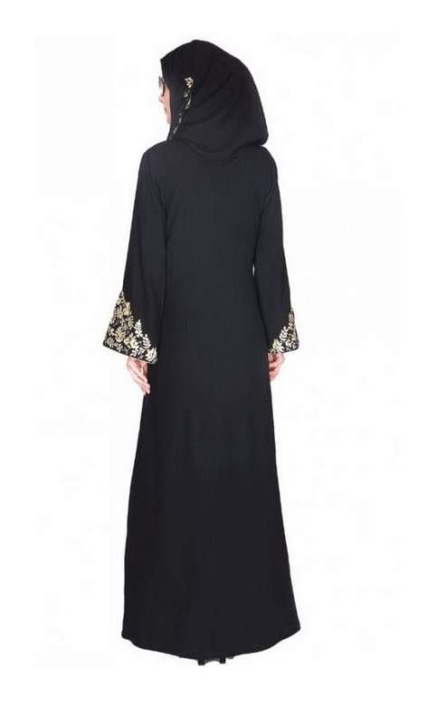 Black Abaya With Gold Zari Embroidered Bell Sleeve (Made-To-Order)