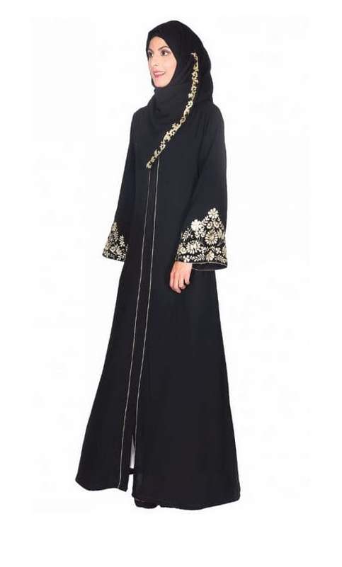 Black Abaya With Gold Zari Embroidered Bell Sleeve (Made-To-Order)