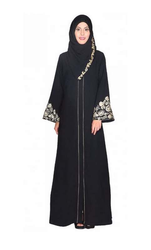 Black Abaya With Gold Zari Embroidered Bell Sleeve (Made-To-Order)