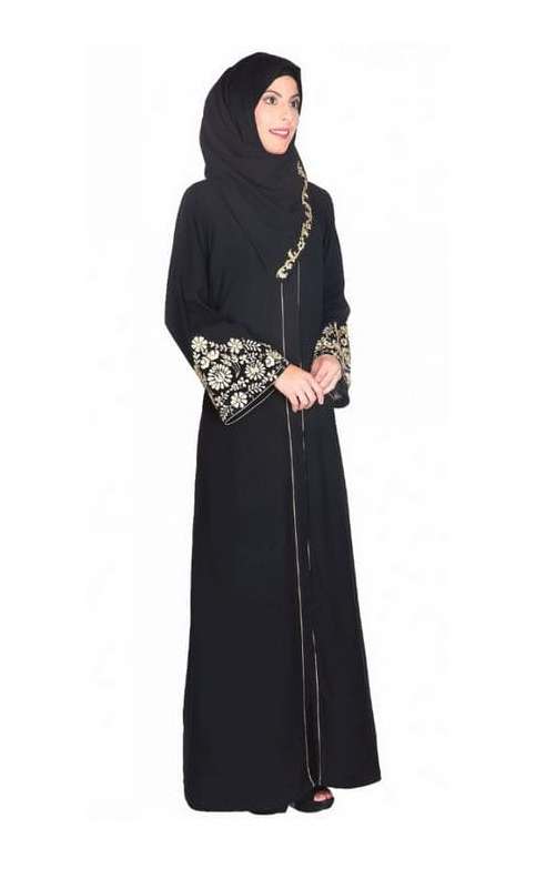 Black Abaya With Gold Zari Embroidered Bell Sleeve (Made-To-Order)