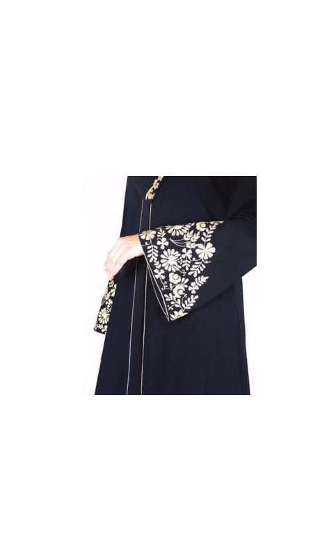 Black Abaya With Gold Zari Embroidered Bell Sleeve (Made-To-Order)