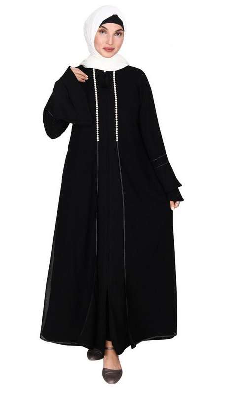 Black Abaya with Georgette Panel Lined with Pearls