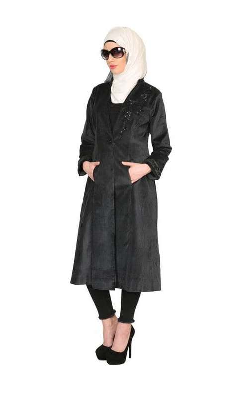 Black Velvet, Pearl Hand-Embroidery Coat Abaya