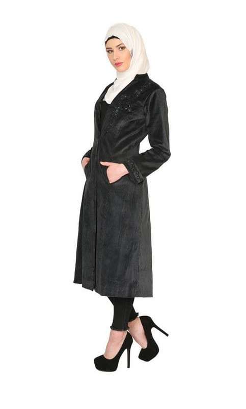 Black Velvet, Pearl Hand-Embroidery Coat Abaya