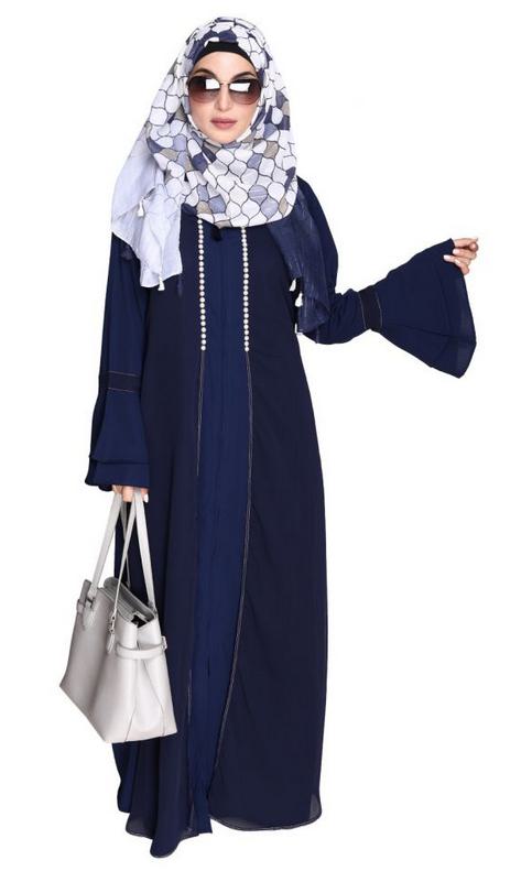 Blue Abaya with Georgette Panel Lined with Pearls