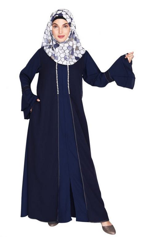 Blue Abaya with Georgette Panel Lined with Pearls (Made-To-Order)