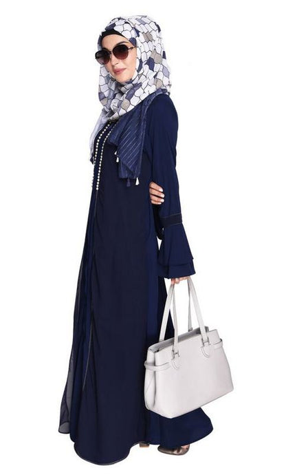 Blue Abaya with Georgette Panel Lined with Pearls (Made-To-Order)