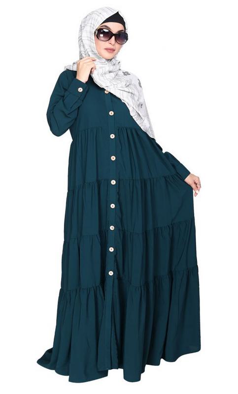 Contemporary Bottle Green Multi Layered Gather Dress (Made-To-Order)