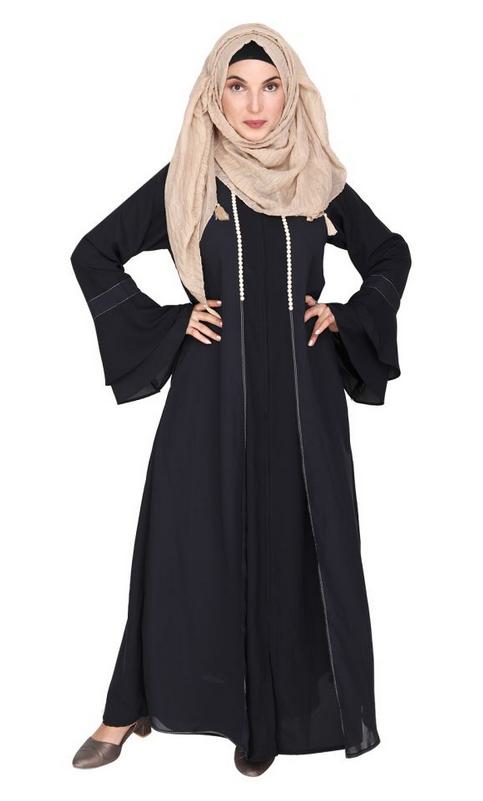 Dark Grey Abaya with Georgette Panel Lined with Pearls