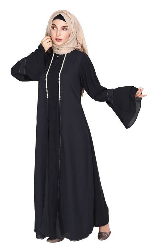 Dark Grey Abaya with Georgette Panel Lined with Pearls (Made-To-Order)