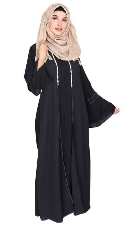 Dark Grey Abaya with Georgette Panel Lined with Pearls (Made-To-Order)