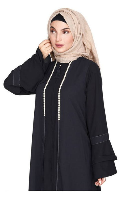 Dark Grey Abaya with Georgette Panel Lined with Pearls (Made-To-Order)