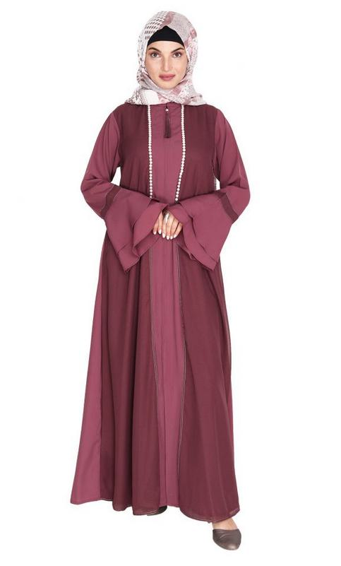 Dark Onion Pink Abaya with Georgette Panel Lined with Pearls (Made-To-Order)